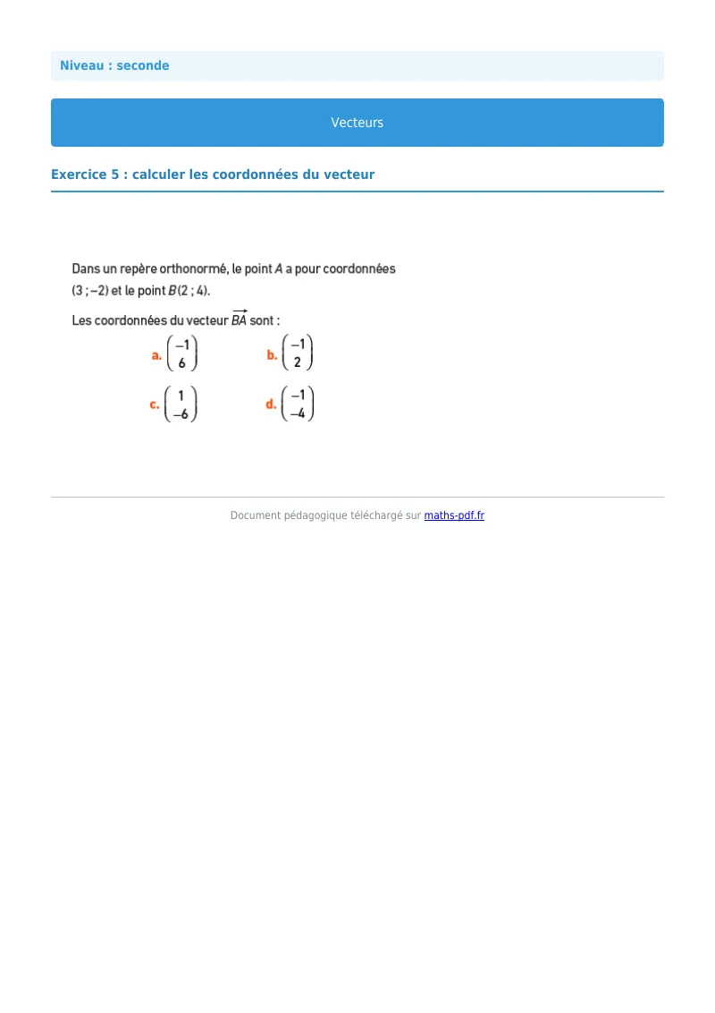 Vecteurs : exercice n°5 de maths en seconde corrigé en PDF