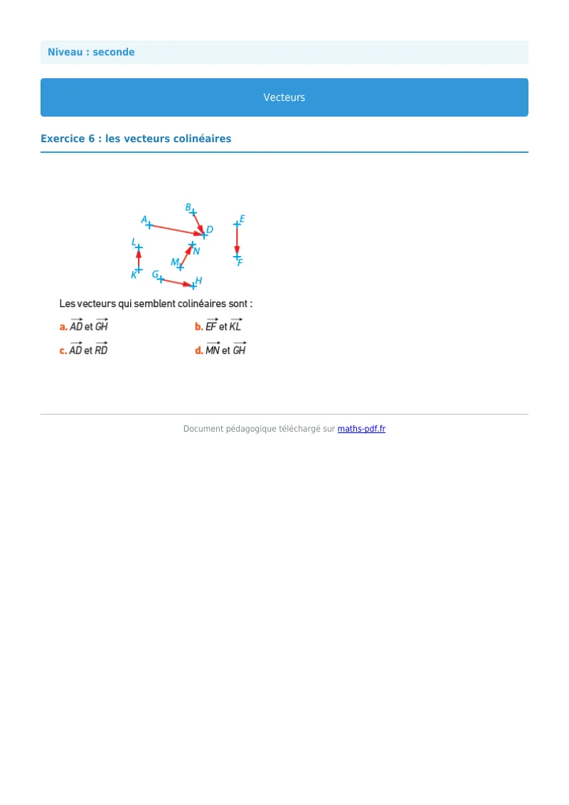 Vecteurs : exercice n°6 de maths en seconde corrigé en PDF