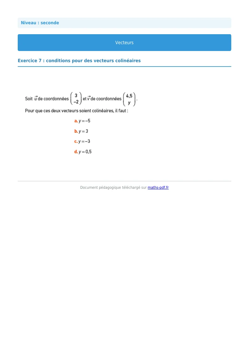 Vecteurs : exercice n°7 de maths en seconde corrigé en PDF