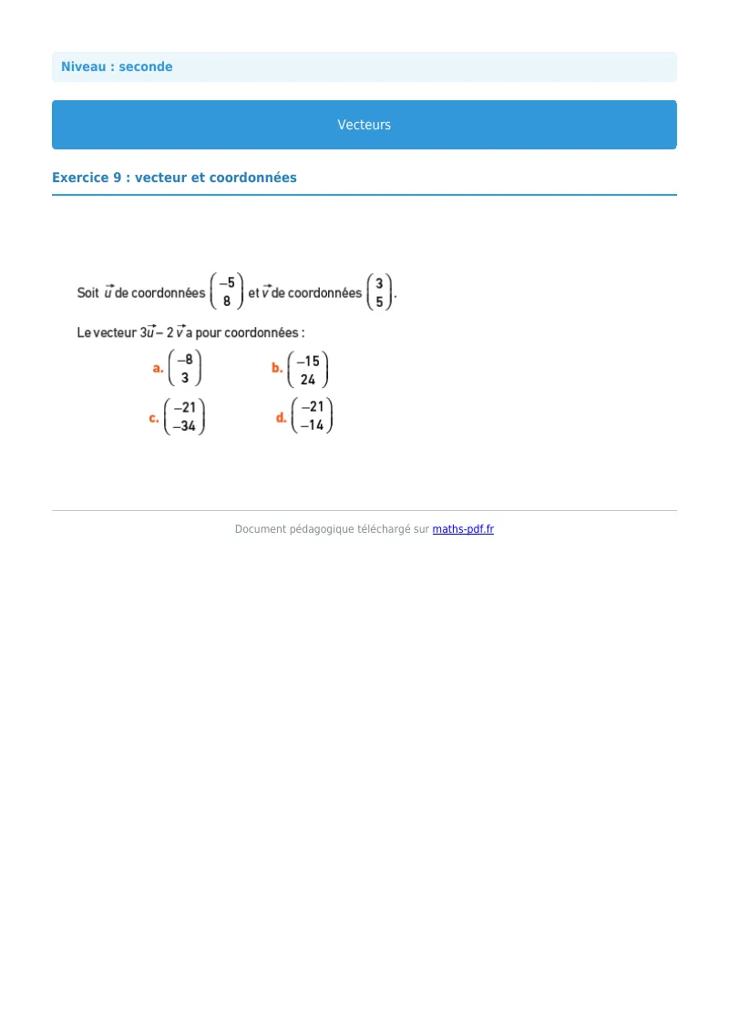 Vecteurs : exercice n°9 de maths en seconde corrigé en PDF