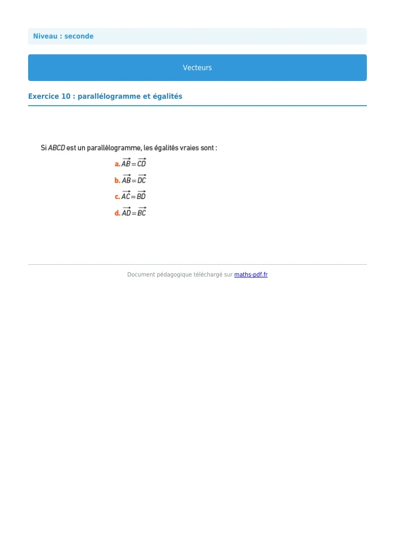 Vecteurs : exercice n°10 de maths en seconde corrigé en PDF