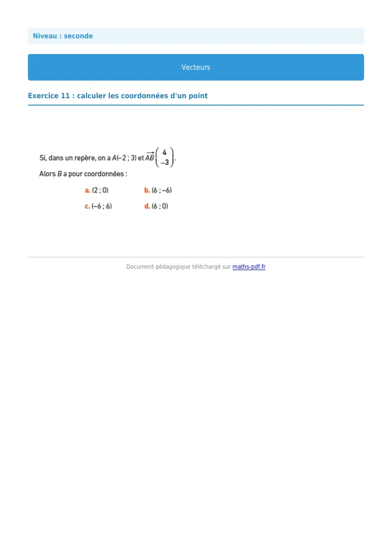 Vecteurs : exercice n°11 de maths en seconde corrigé en PDF