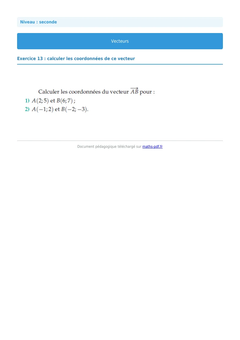Vecteurs : exercice n°13 de maths en seconde corrigé en PDF