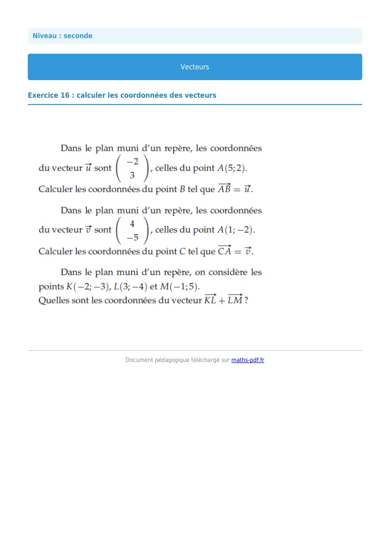 Vecteurs : exercice n°16 de maths en seconde corrigé en PDF