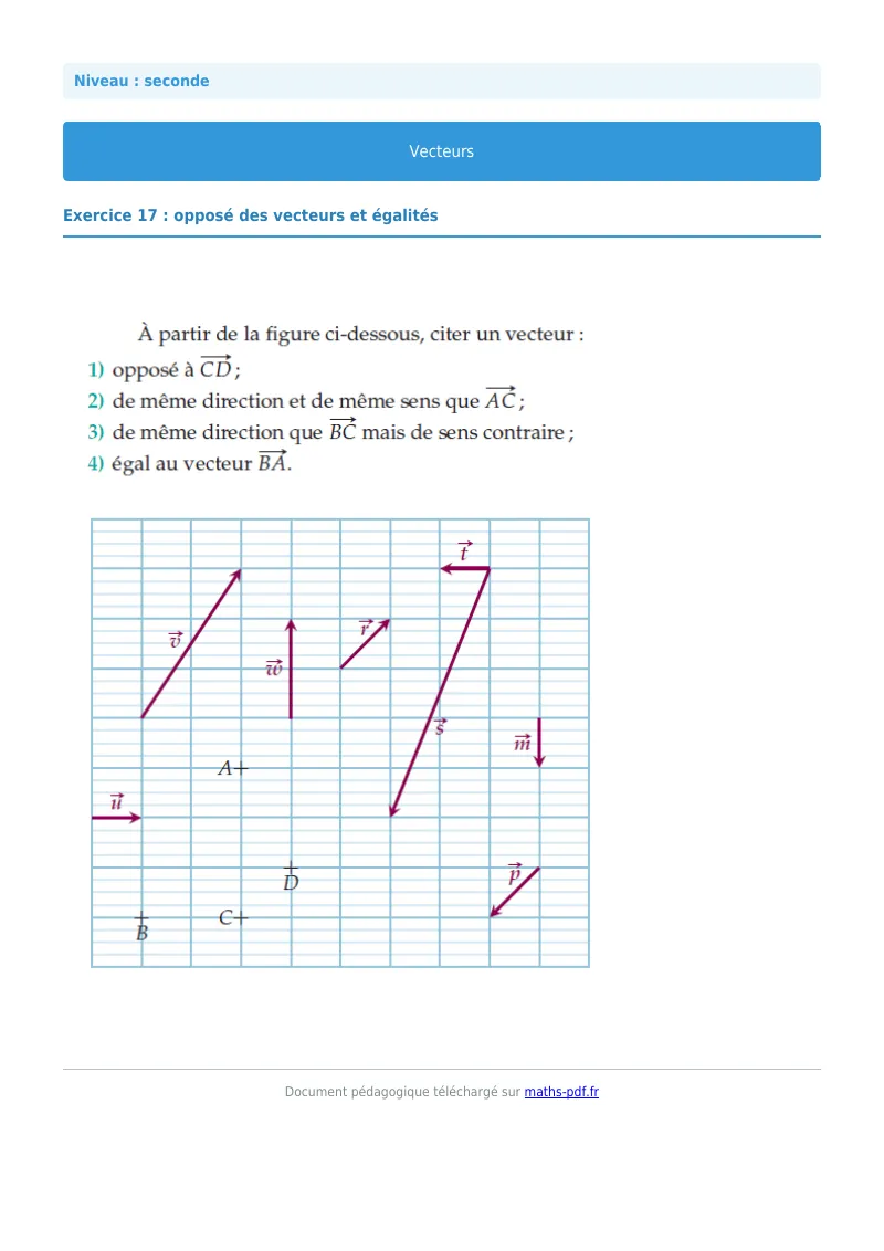 Vecteurs : exercice n°17 de maths en seconde corrigé en PDF