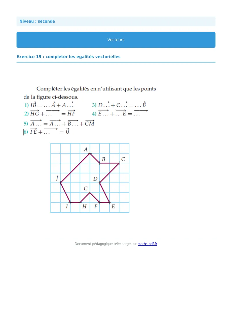 Vecteurs : exercice n°19 de maths en seconde corrigé en PDF