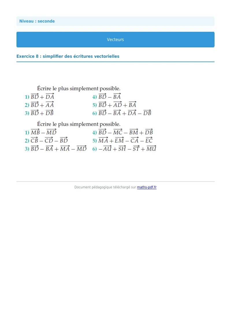 Vecteurs : exercice n°8 de maths en seconde corrigé en PDF