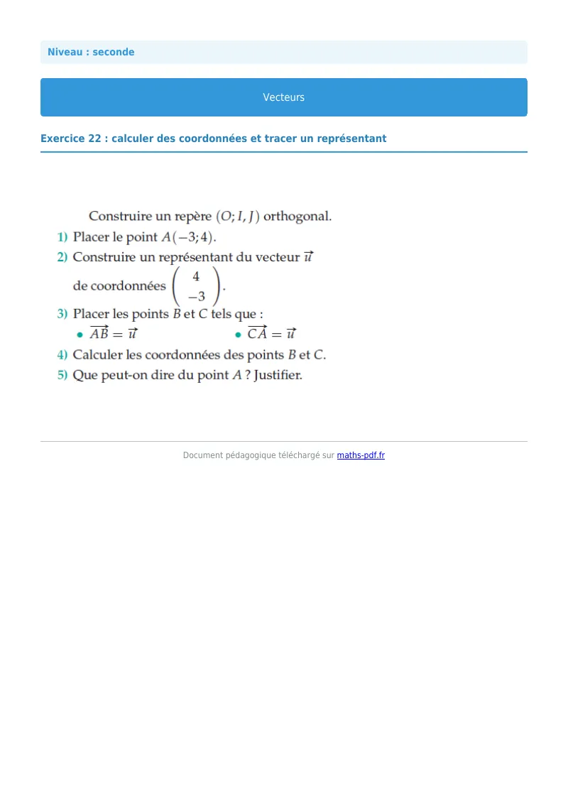 Vecteurs : exercice n°22 de maths en seconde corrigé en PDF