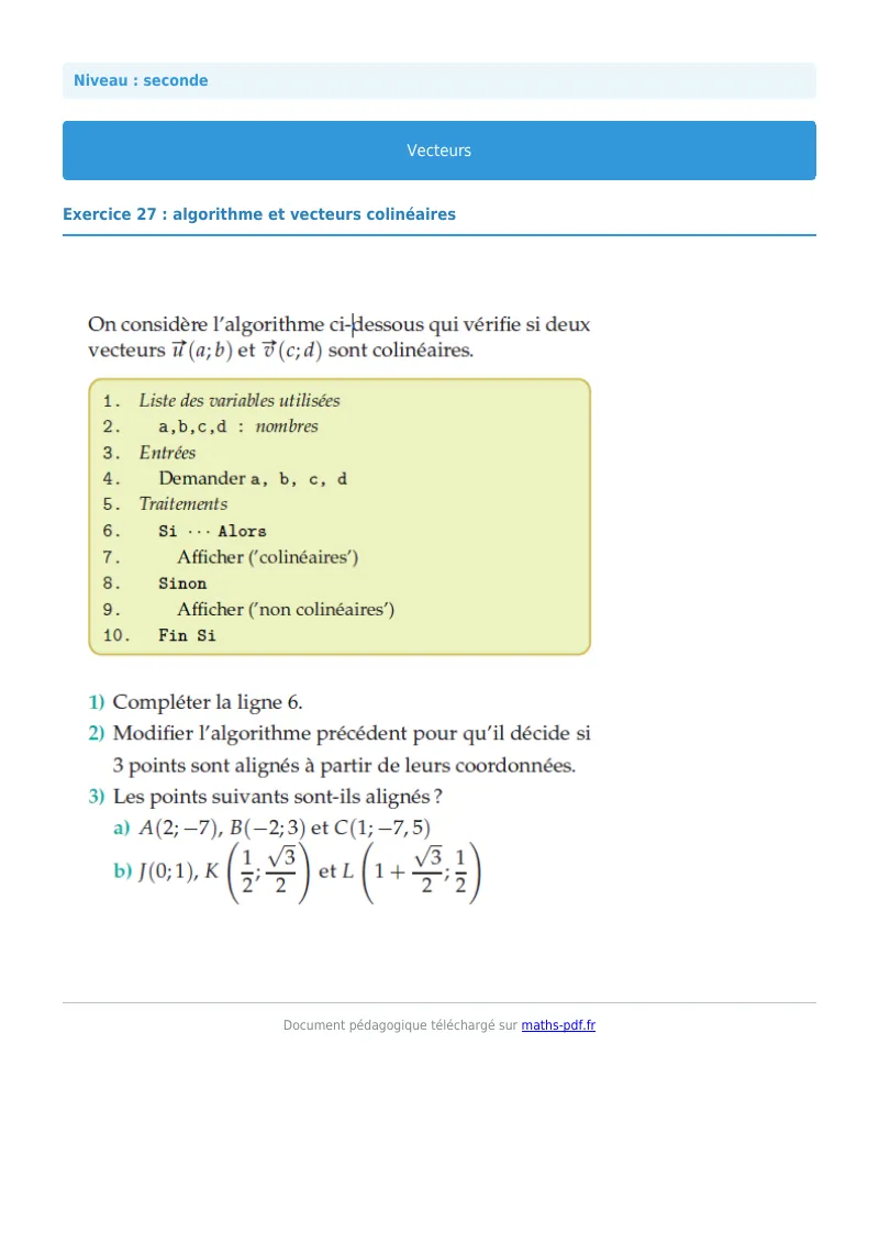 Vecteurs : exercice n°27 de maths en seconde corrigé en PDF