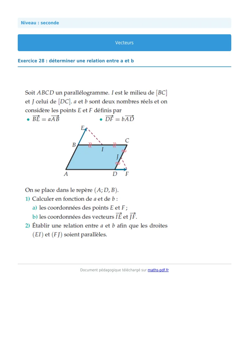 Vecteurs : exercice n°28 de maths en seconde corrigé en PDF