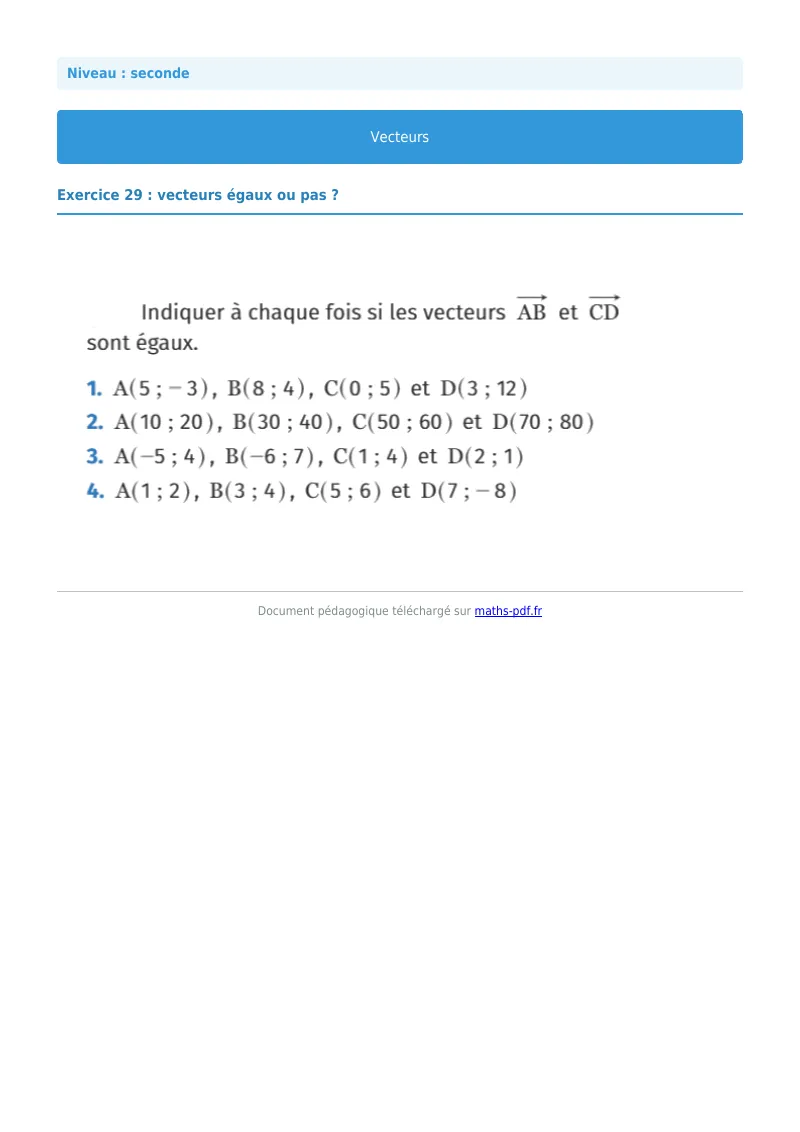 Vecteurs : exercice n°29 de maths en seconde corrigé en PDF