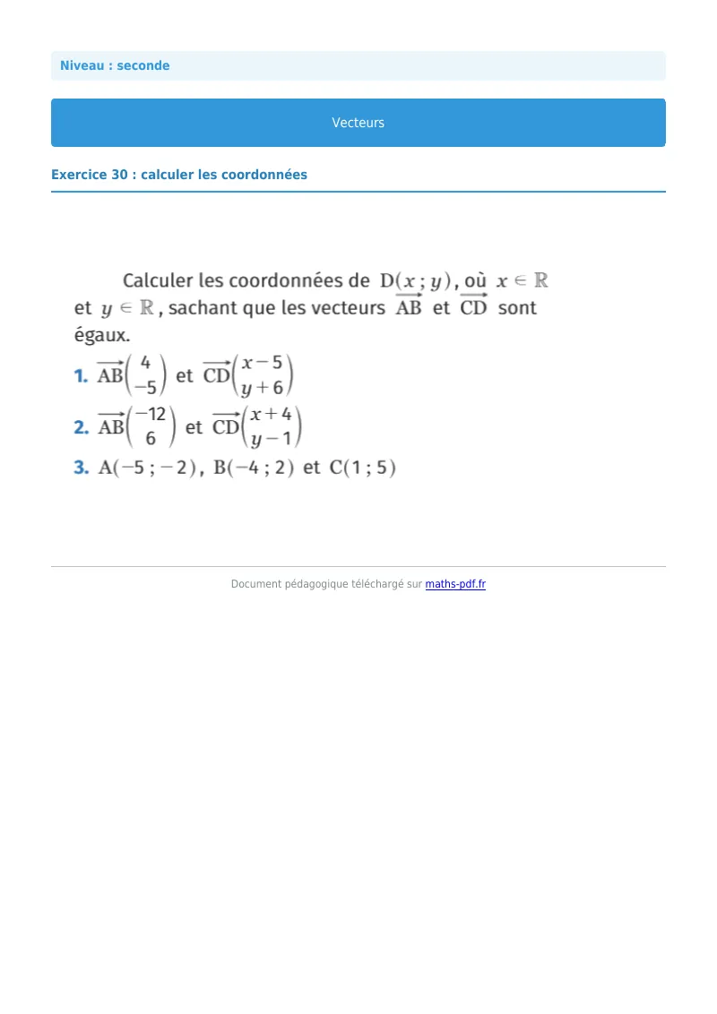 Vecteurs : exercice n°30 de maths en seconde corrigé en PDF