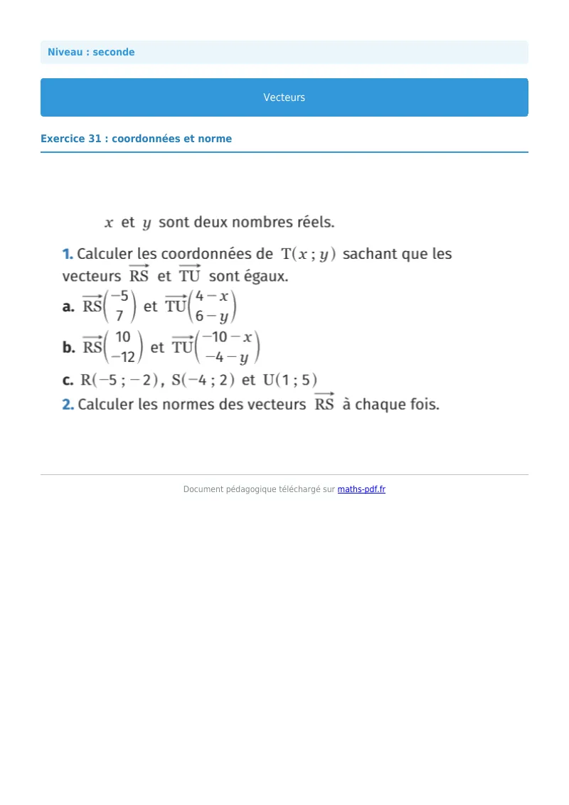 Vecteurs : exercice n°31 de maths en seconde corrigé en PDF