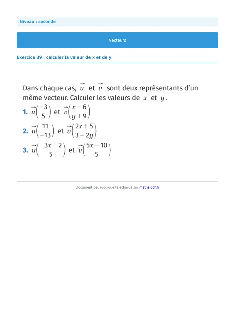 Vecteurs : exercice n°39 de maths en seconde corrigé en PDF