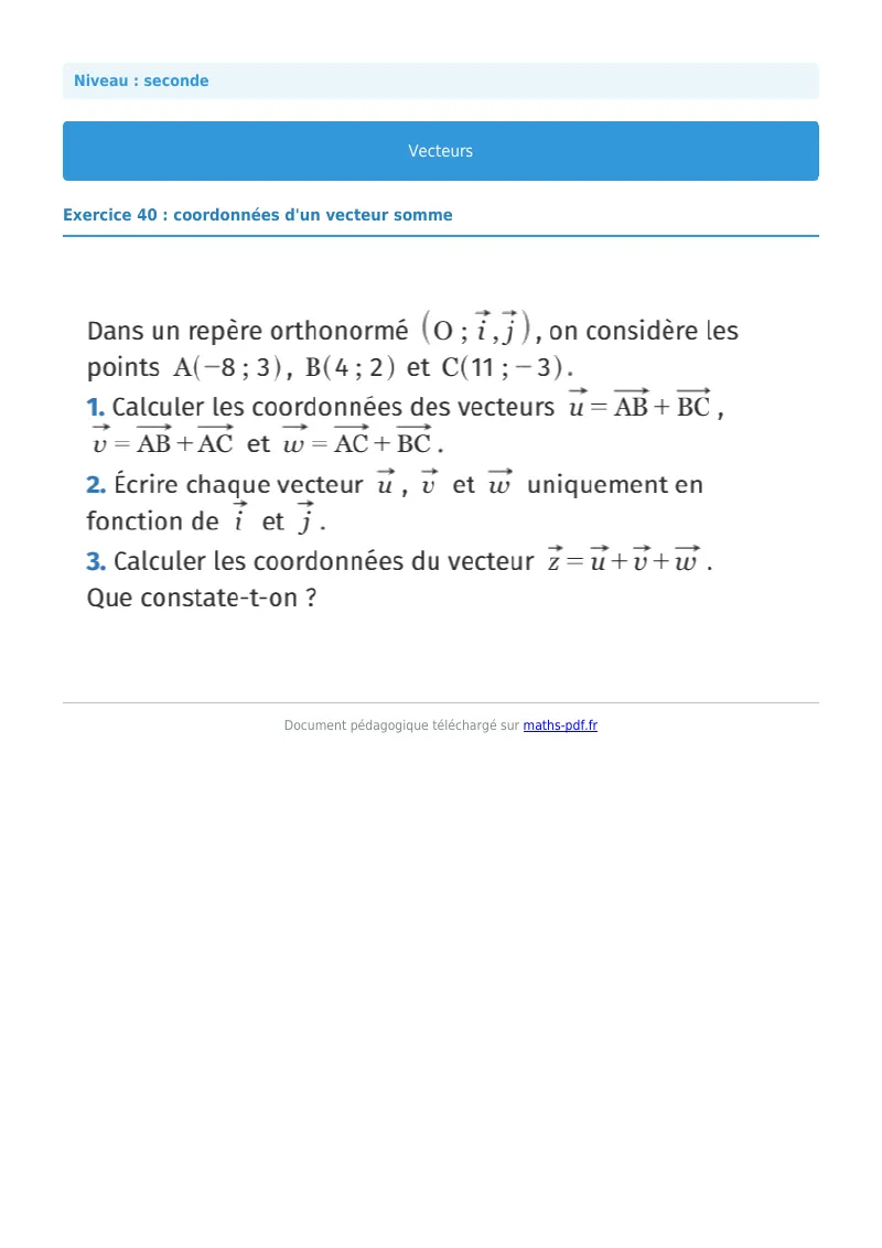 Vecteurs : exercice n°40 de maths en seconde corrigé en PDF