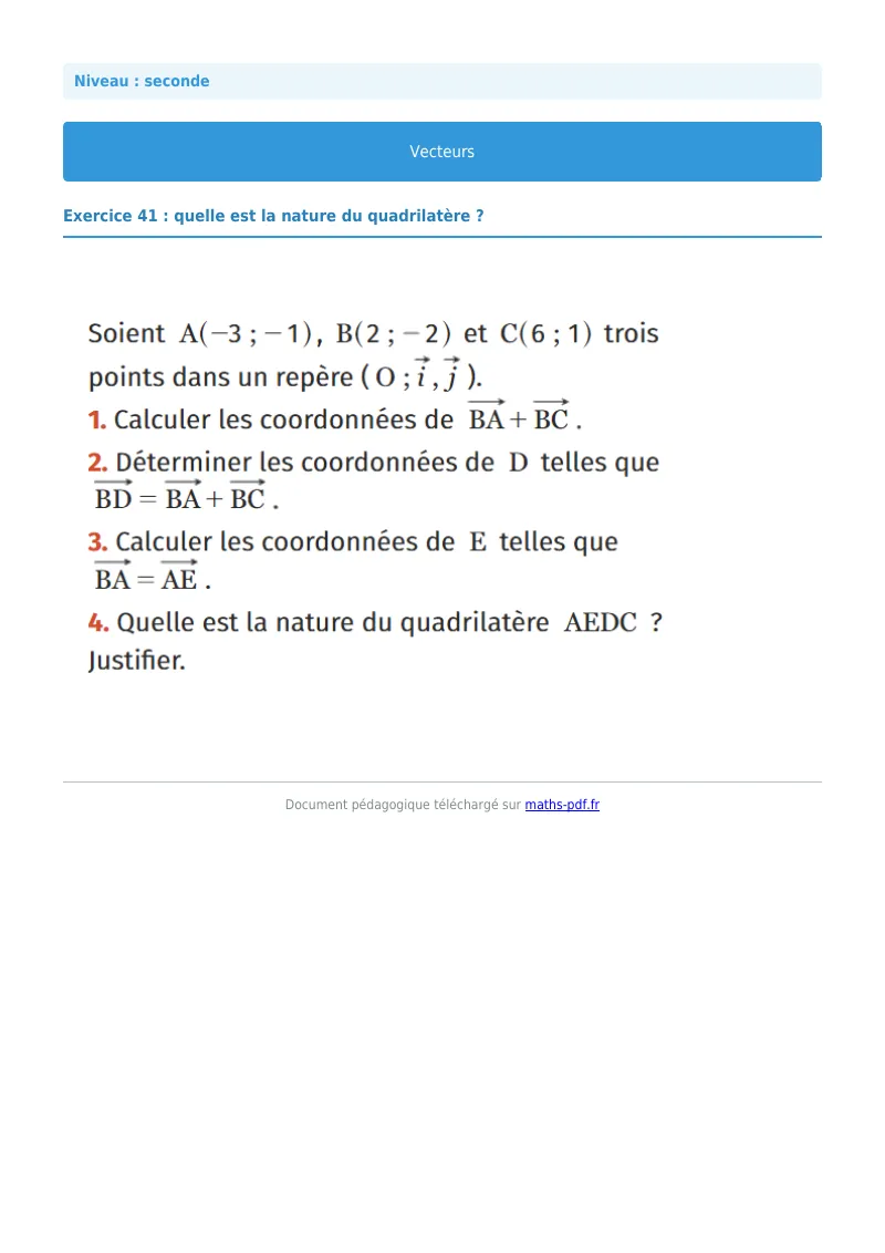 Vecteurs : exercice n°41 de maths en seconde corrigé en PDF