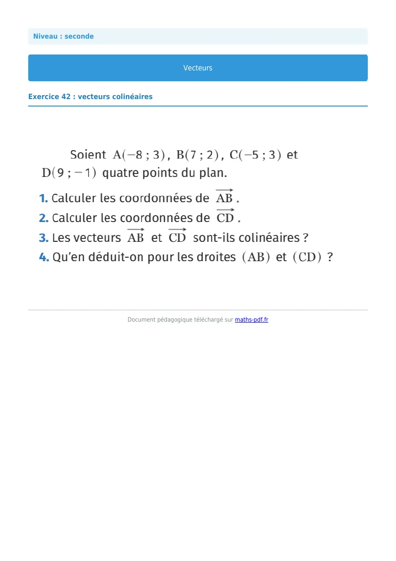 Vecteurs : exercice n°42 de maths en seconde corrigé en PDF