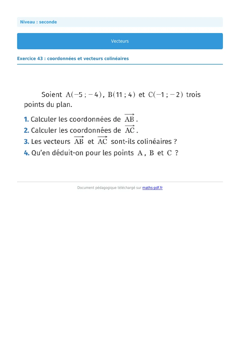 Vecteurs : exercice n°43 de maths en seconde corrigé en PDF
