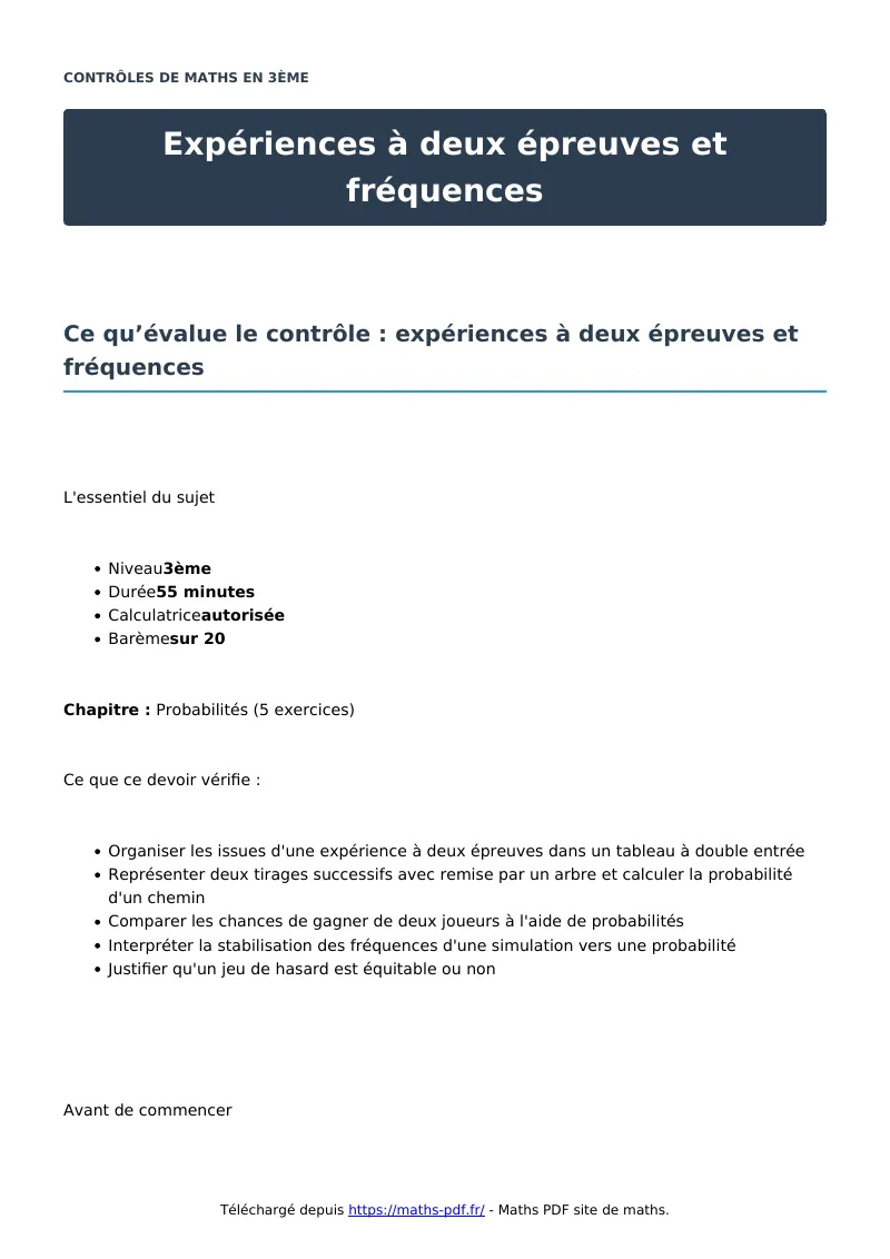 Expériences à deux épreuves et fréquences : contrôle de maths en 3ème corrigé en PDF