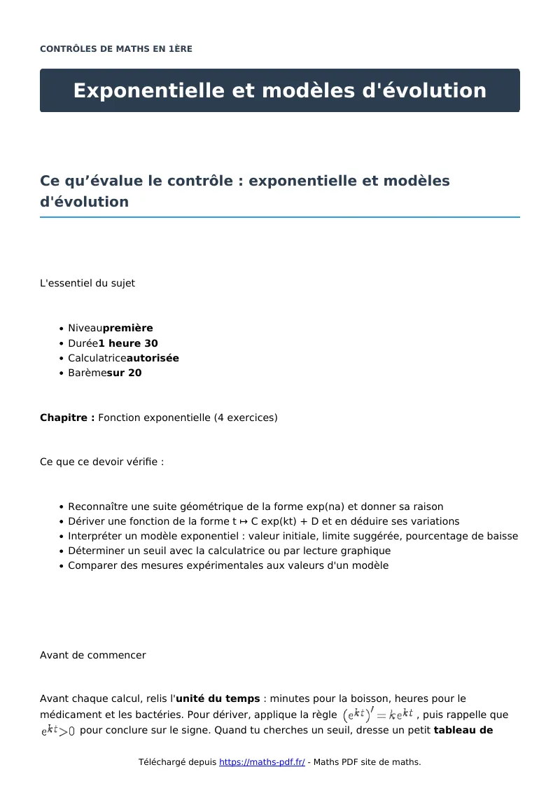 Exponentielle et modèles d’évolution : contrôle de maths en première corrigé en PDF