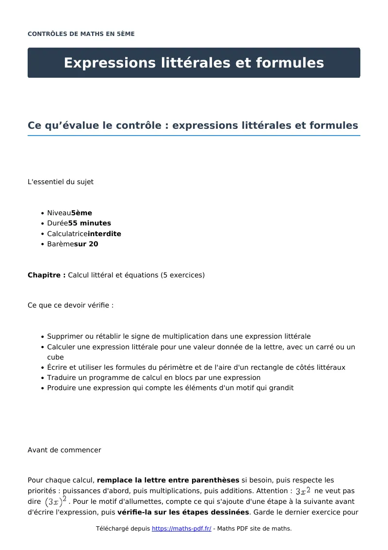 Expressions littérales et formules : contrôle de maths en 5ème corrigé en PDF