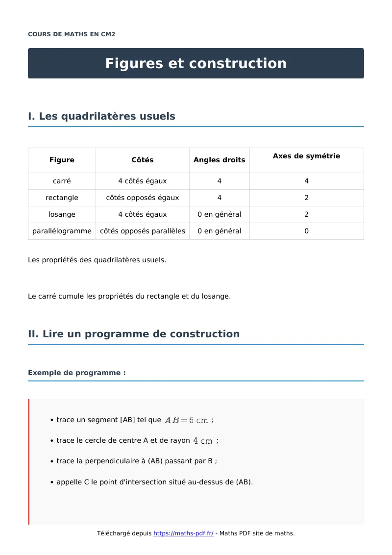 Figures et construction : cours de maths en CM2 en PDF