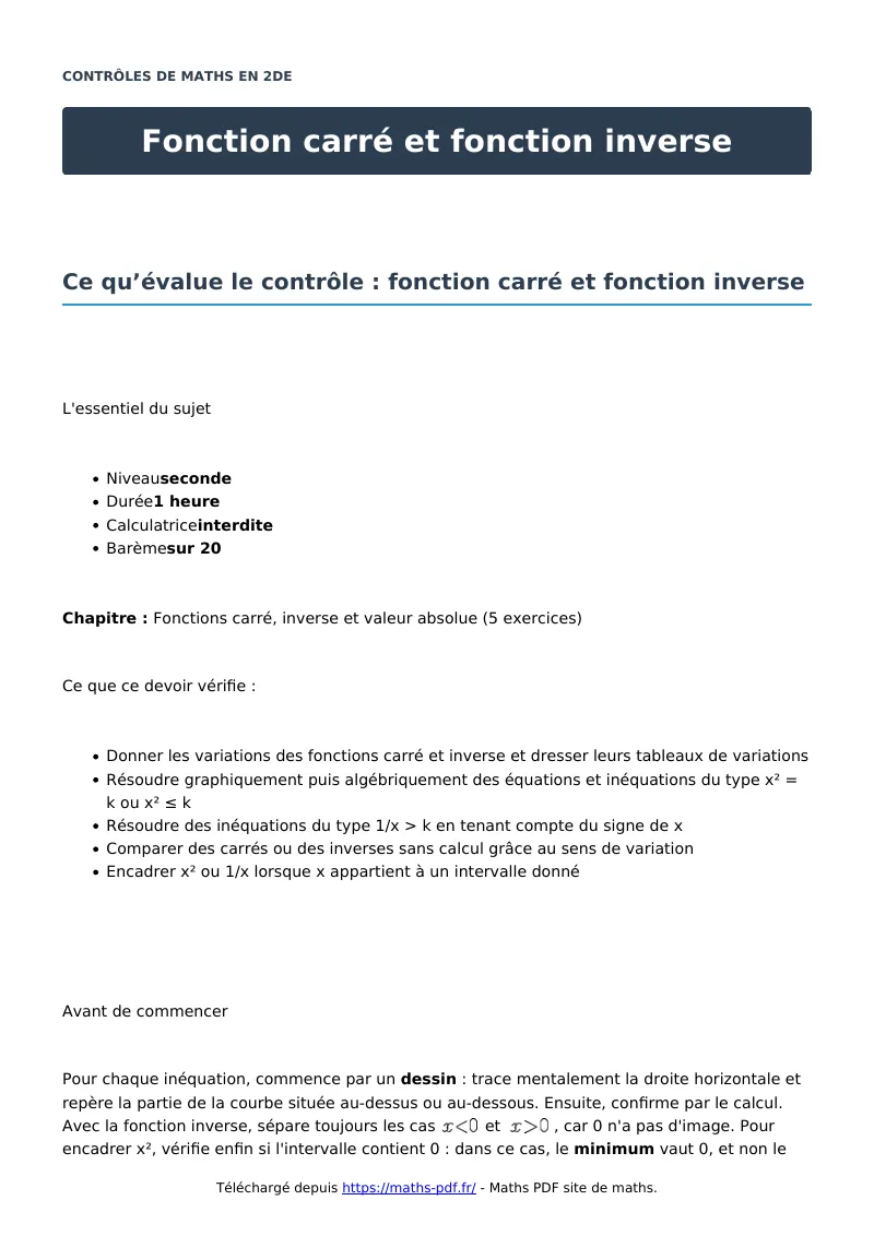 Fonction carré et fonction inverse : contrôle de maths en seconde corrigé en PDF