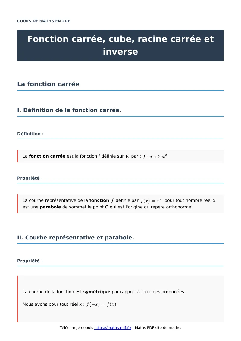 Fonction carrée, cube, racine carrée et inverse : cours de maths en seconde en PDF