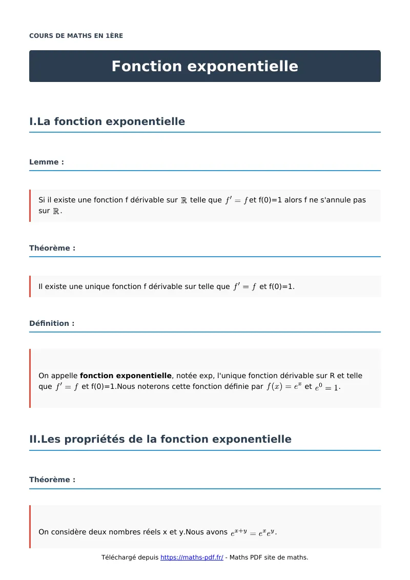 Fonction exponentielle : cours de maths en première en PDF