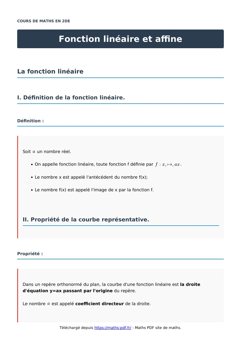 Fonction linéaire et affine : cours de maths en seconde en PDF