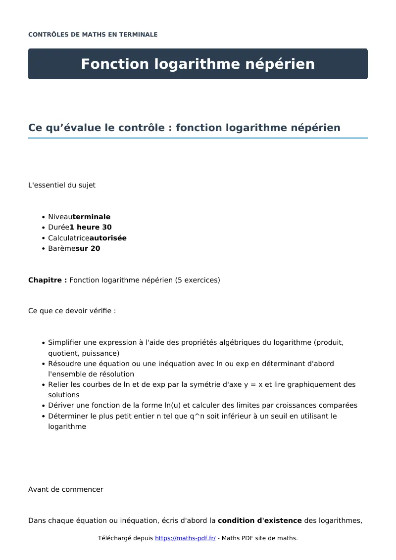 Fonction logarithme népérien : contrôle de maths en terminale corrigé en PDF