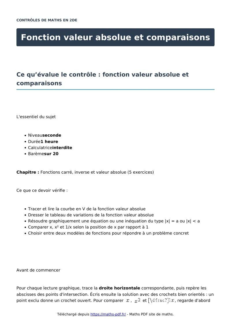 Fonction valeur absolue et comparaisons : contrôle de maths en seconde corrigé en PDF