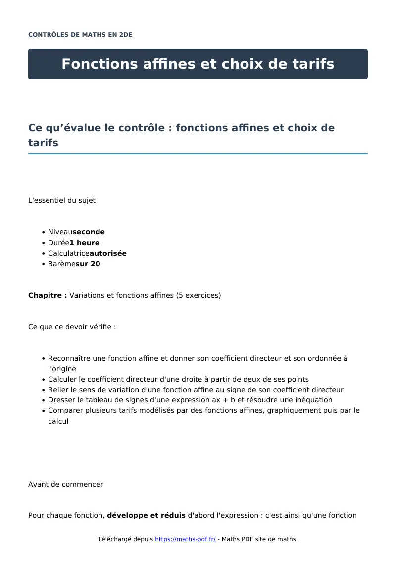 Fonctions affines et choix de tarifs : contrôle de maths en seconde corrigé en PDF