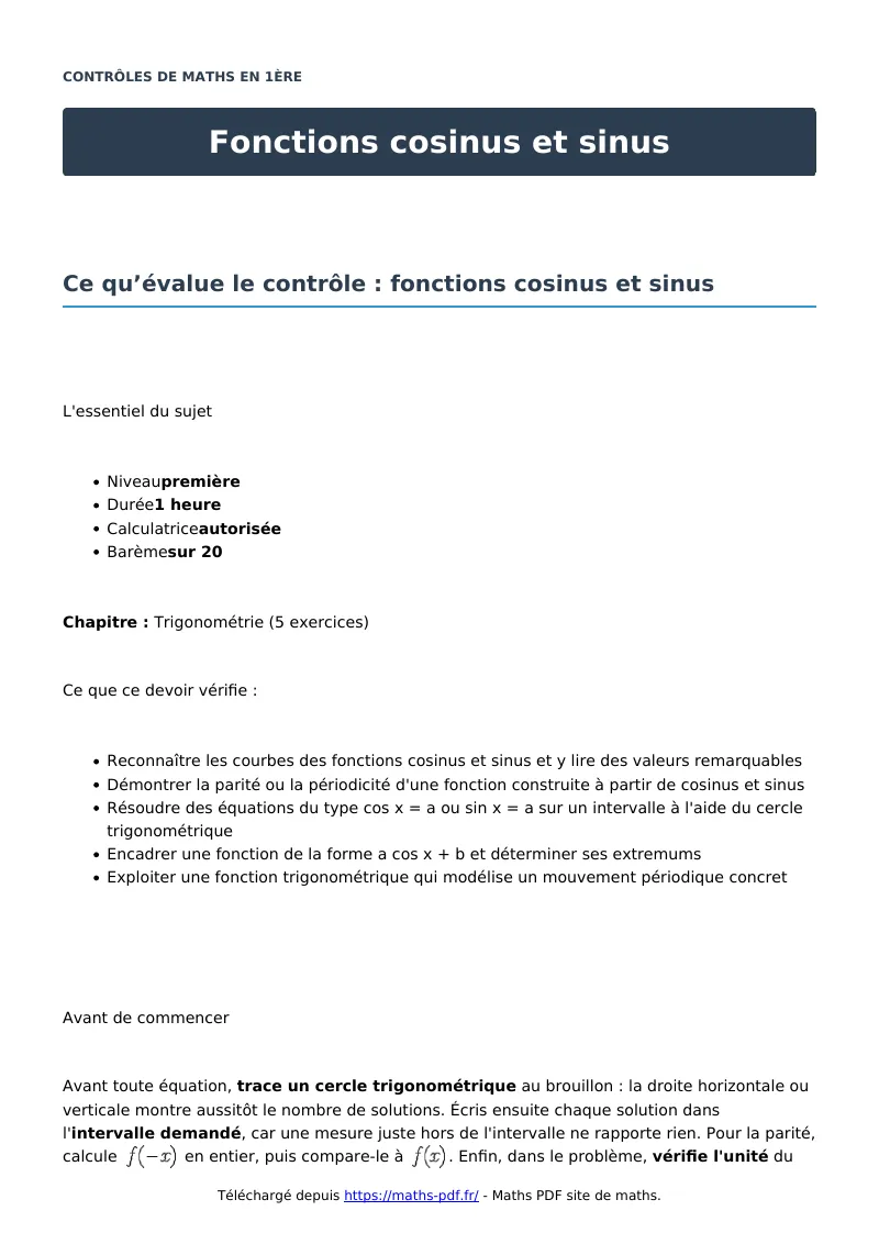 Fonctions cosinus et sinus : contrôle de maths en première corrigé en PDF