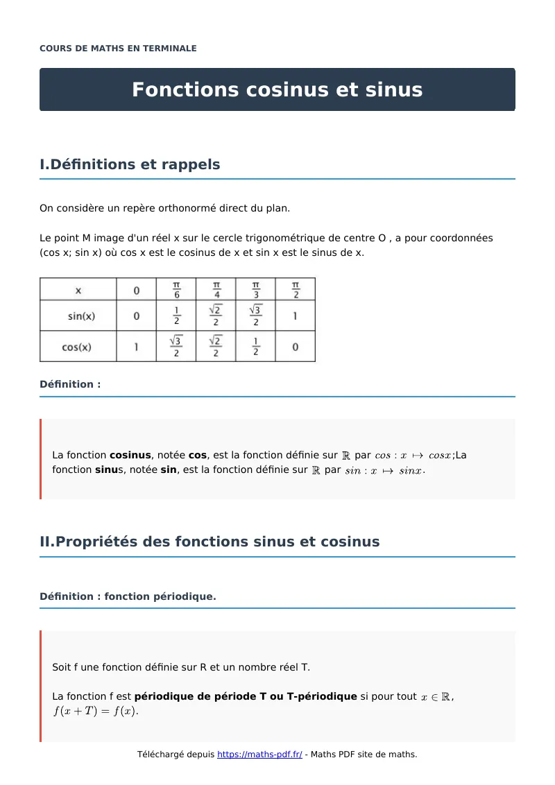 Fonctions cosinus et sinus : cours de maths en terminale en PDF
