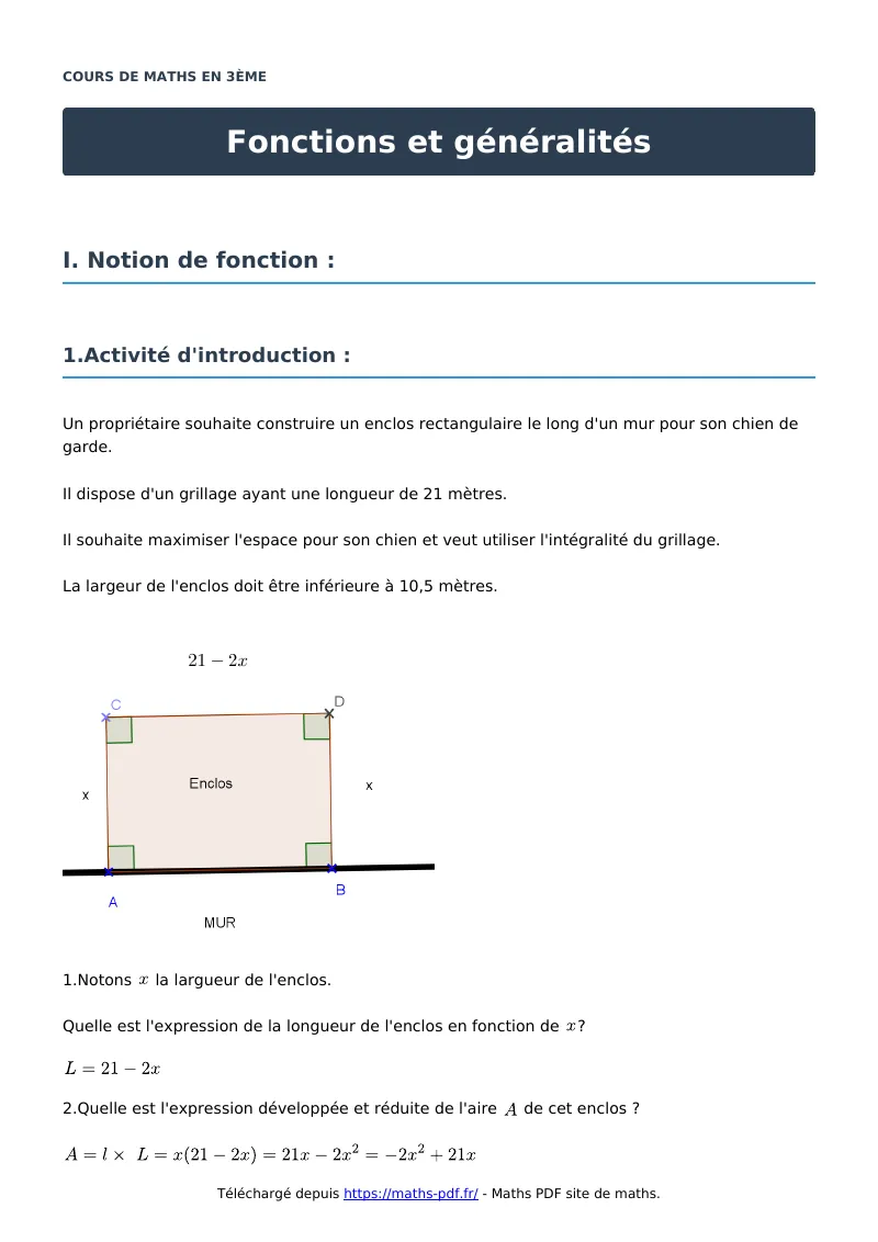 Fonctions et généralités : cours de maths en 3ème en PDF