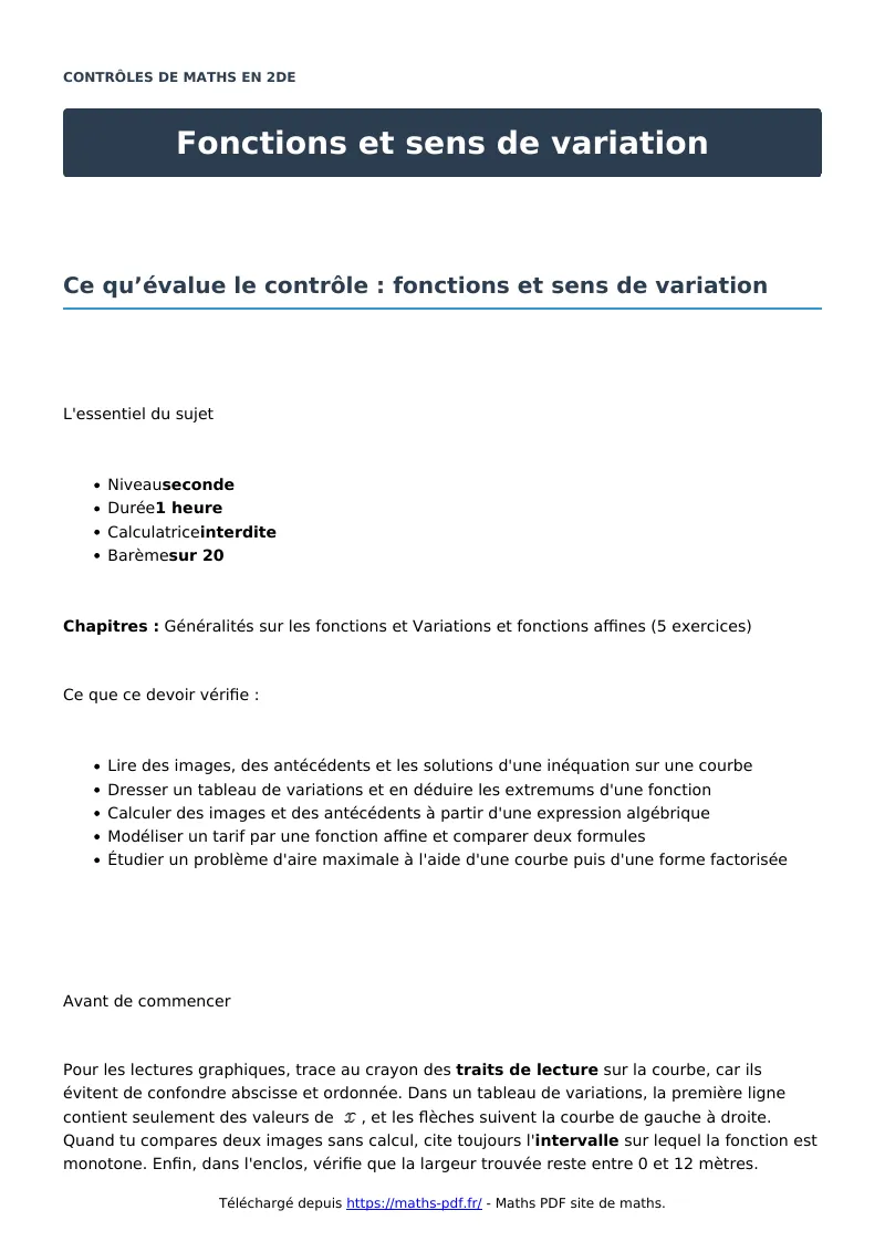 Fonctions et sens de variation : contrôle de maths en seconde corrigé en PDF