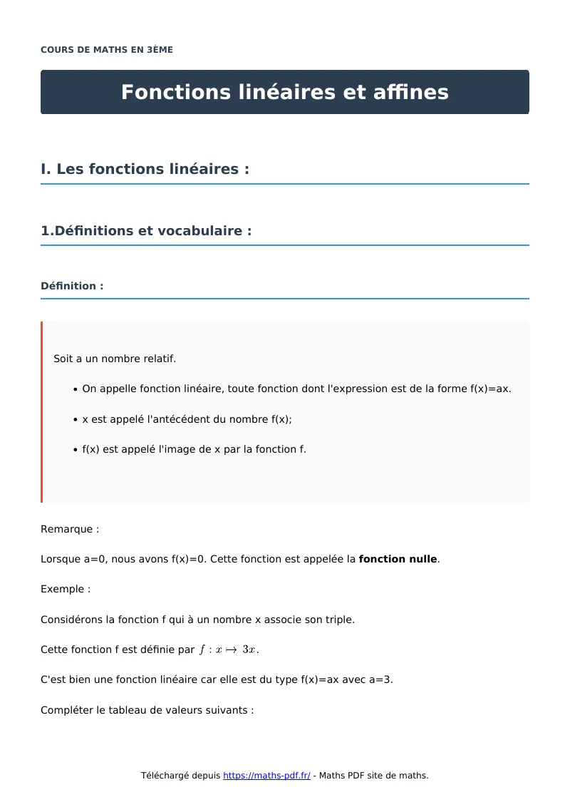 Fonctions linéaires et affines : cours de maths en 3ème en PDF