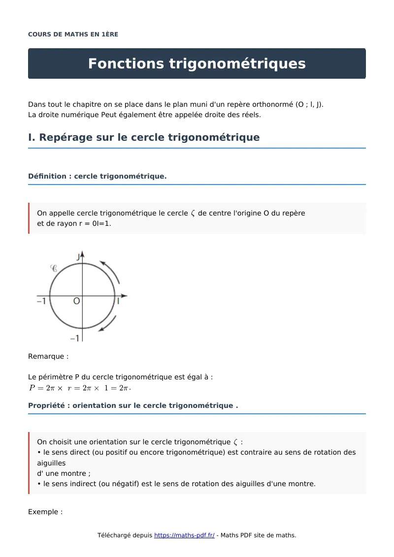 Fonctions trigonométriques : cours de maths en première en PDF