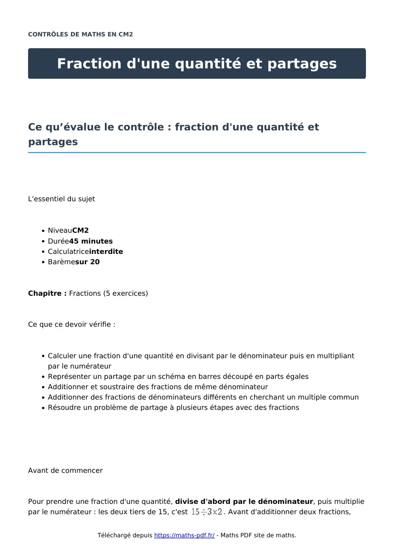 Fraction d’une quantité et partages : contrôle de maths en CM2 corrigé en PDF