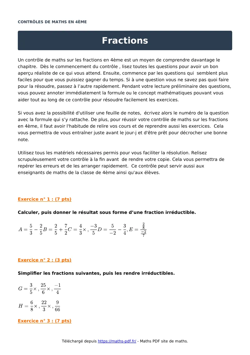 Fractions : contrôle de maths en 4ème corrigé en PDF