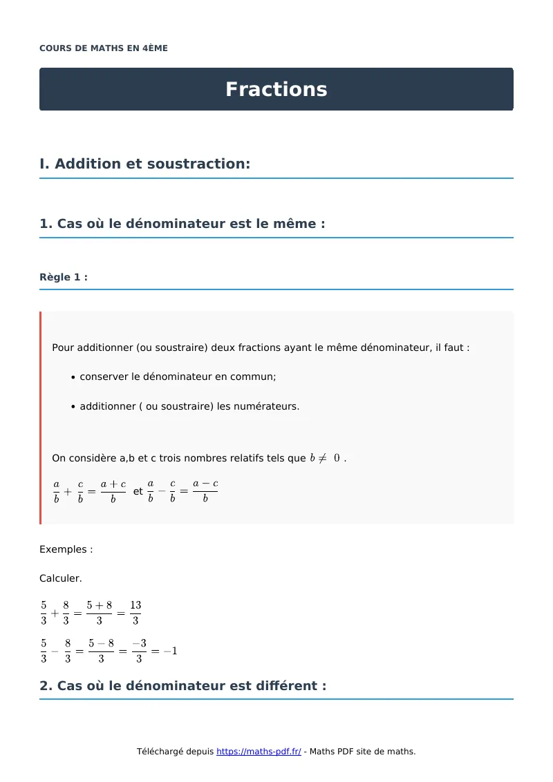 Fractions : cours de maths en 4ème en PDF