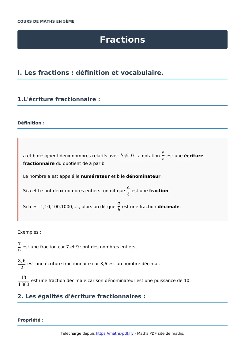 Fractions : cours de maths en 5ème en PDF