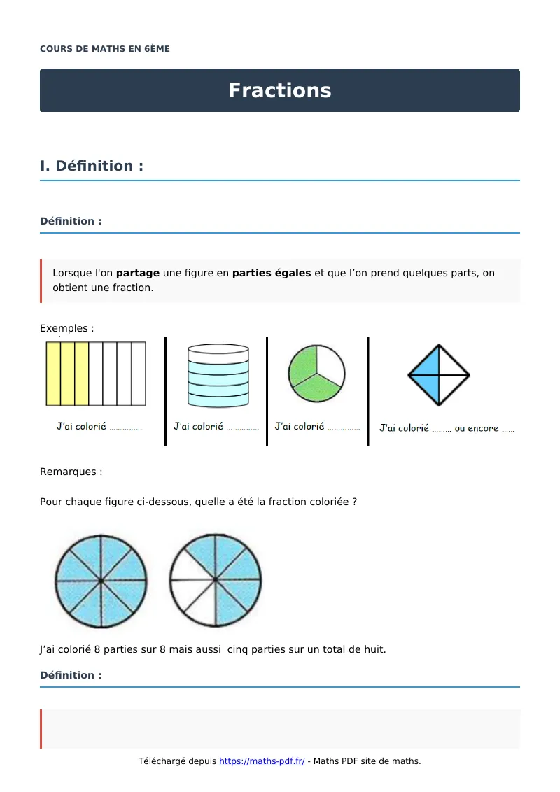 Fractions : cours de maths en 6ème en PDF