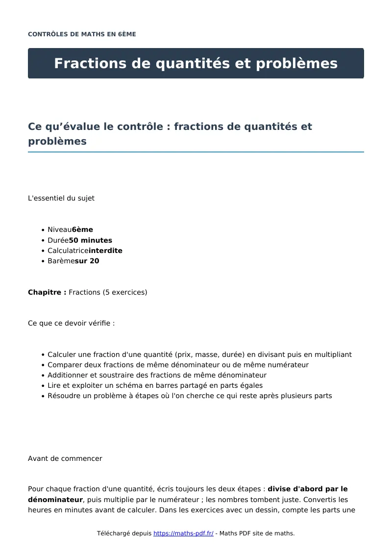 Fractions de quantités et problèmes : contrôle de maths en 6ème corrigé en PDF