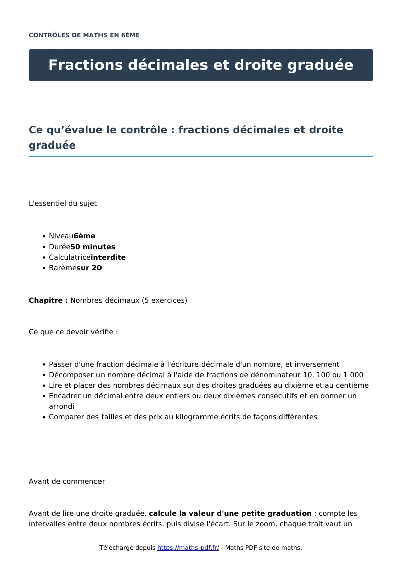 Fractions décimales et droite graduée : contrôle de maths en 6ème corrigé en PDF