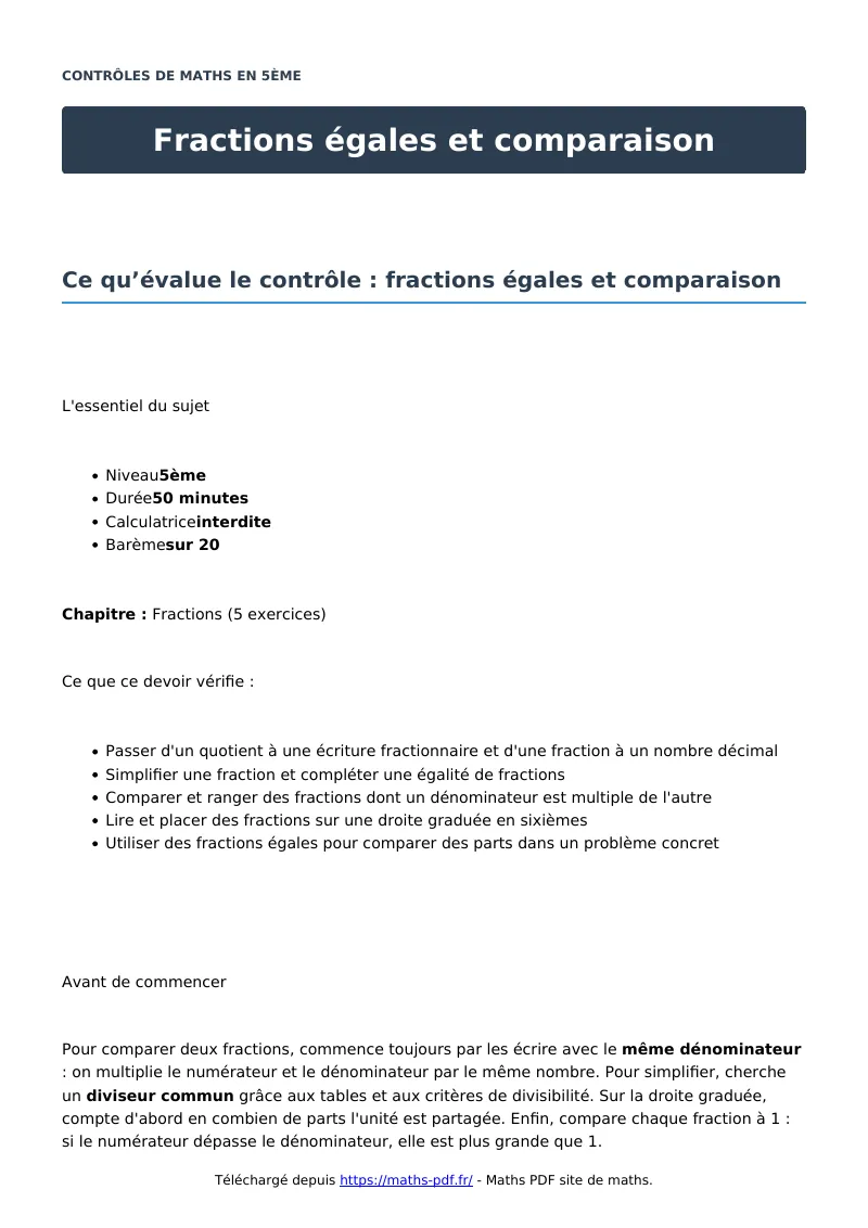 Fractions égales et comparaison : contrôle de maths en 5ème corrigé en PDF