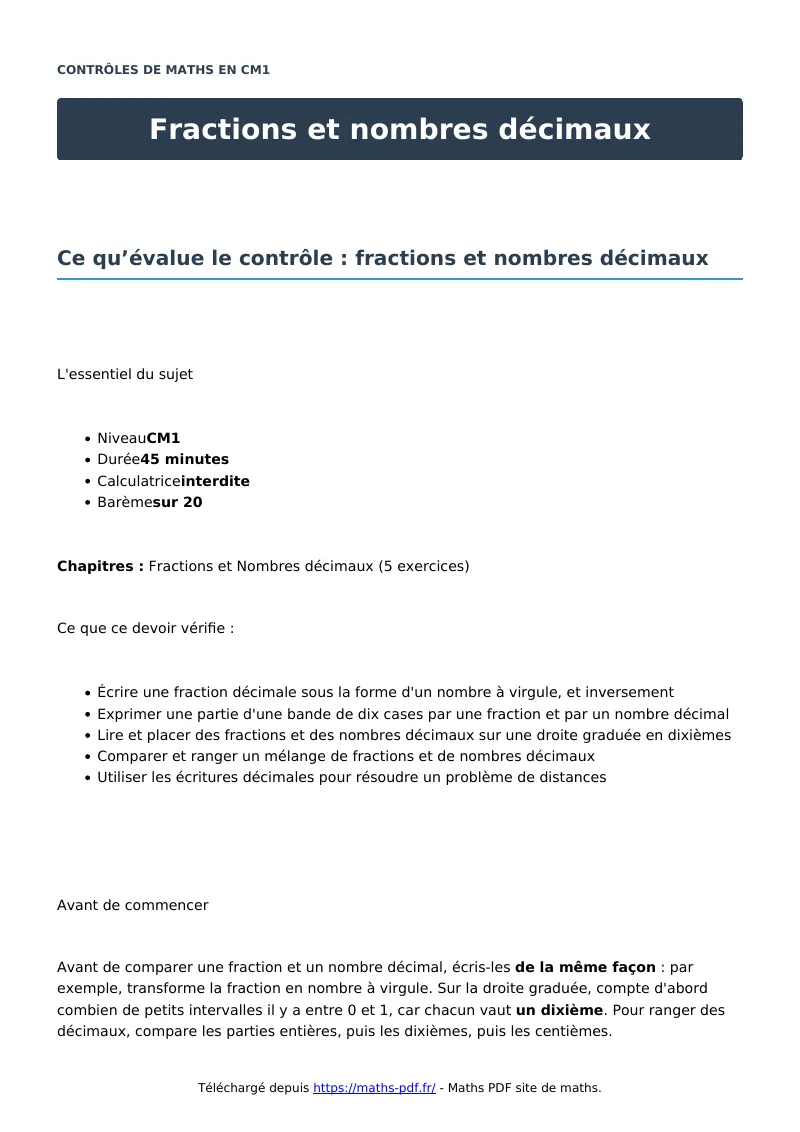 Fractions et nombres décimaux : contrôle de maths en CM1 corrigé en PDF