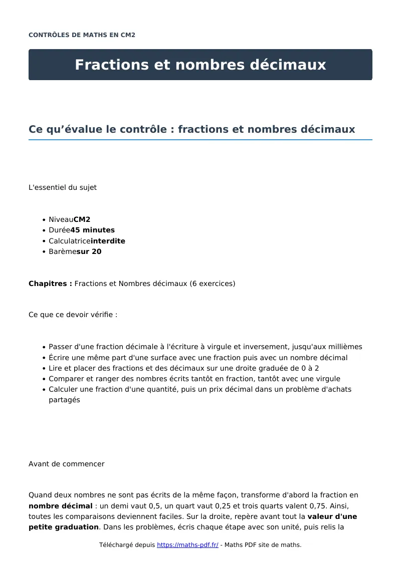 Fractions et nombres décimaux : contrôle de maths en CM2 corrigé en PDF