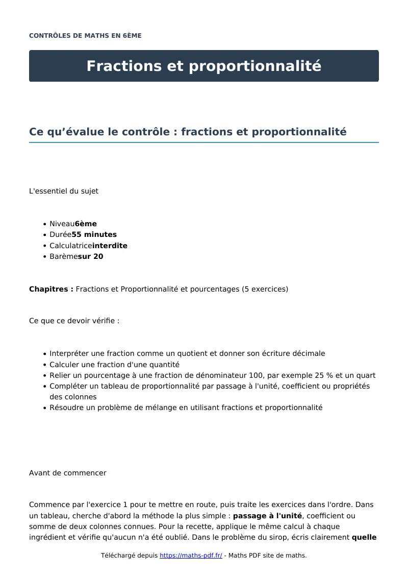 Fractions et proportionnalité : contrôle de maths en 6ème corrigé en PDF
